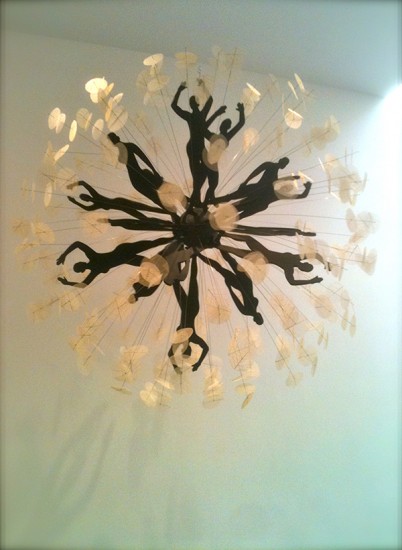 dandelion fluffer (kinetic sculpture), wood, skeletonized leaves, wire, motor, approx. 4′ diameter