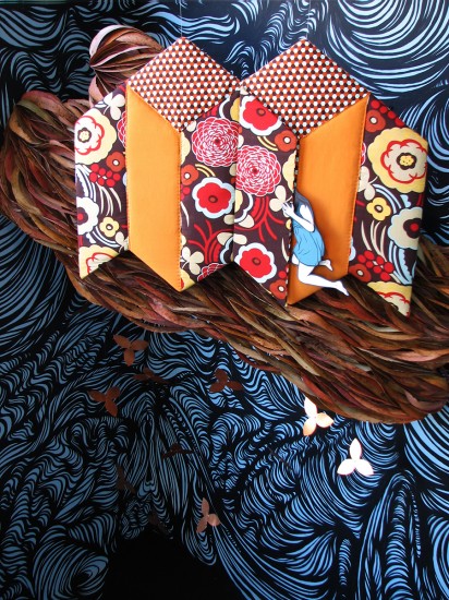 the in the out, wood cutout on quilted fabric panel with eucalyptus “cloud”