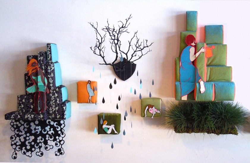 shrine of the graces, wood structure with fabric exterior, branches, plants