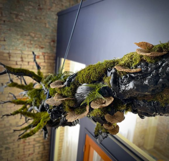 assembled grapevine stumps and manzanita to create 10′ log